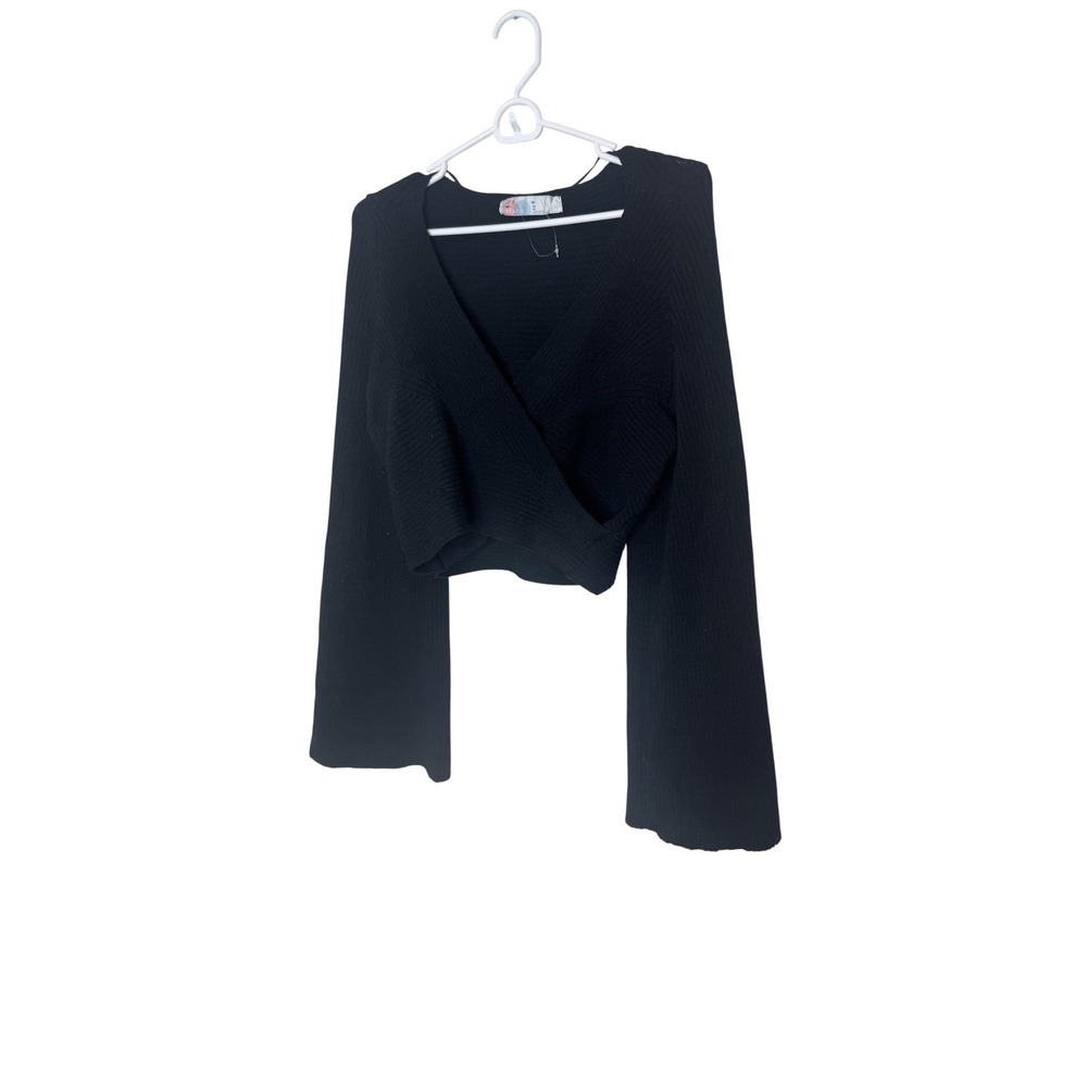Beach Sweater Womens Medium Black Wrap V Neck Bell Sleeve Cropped Knit Top